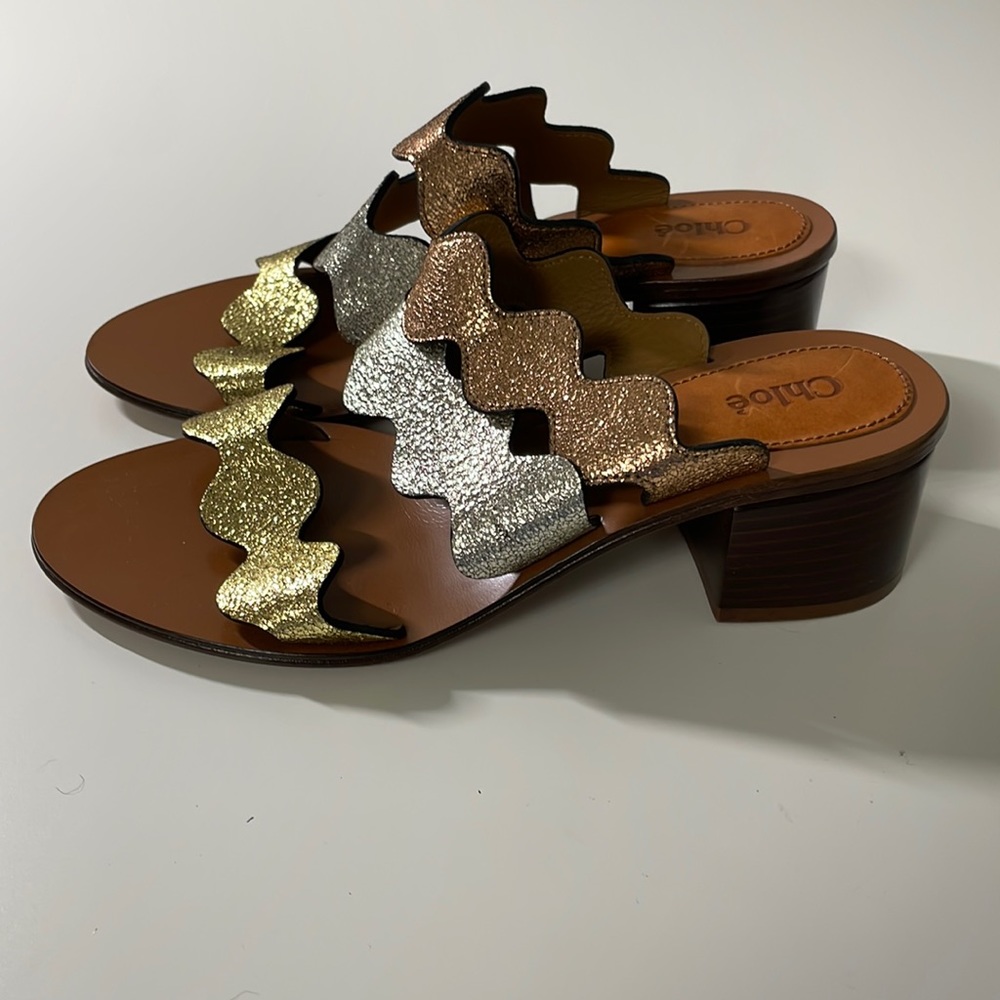 Chloe Scalloped Metallic Tri-Colored Leather Sandals 37 Brand New